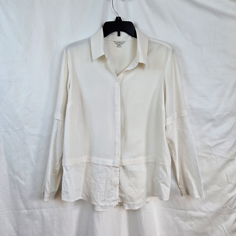 Guess Women's White Career Long Sleeve Mix Media Preppy Button-Up Blouse Medium